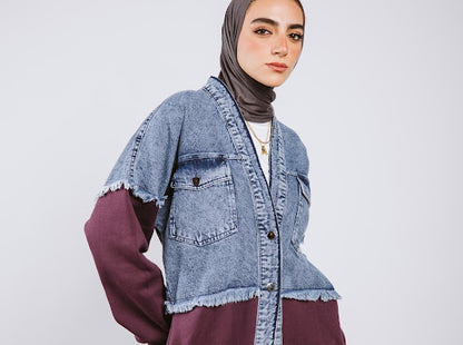 Dual denim jacket -burgundy